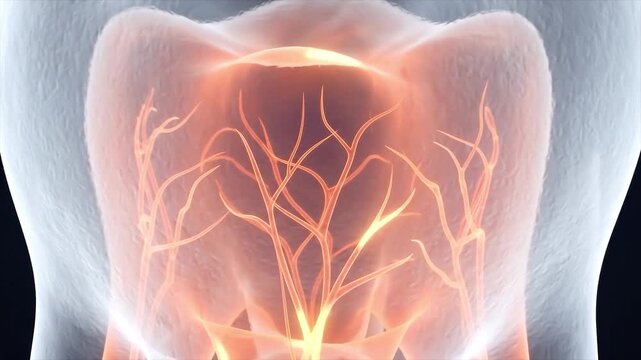 3D medical illustration of a translucent human molar showing the internal nerve system and pulp chamber in glowing orange against a dark background.