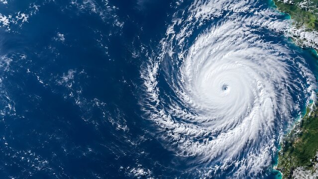 Satellite aerial view of a powerful tropical cyclone spinning over the ocean. disaster risk reduction with hurricane satellite disaster meteorology. disaster risk reduction