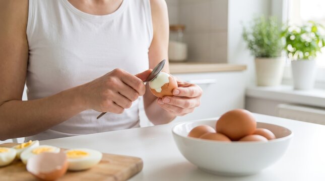 A woman in a kitchen peeling a hard-boiled egg with a small knife, focusing on food preparation for a healthy meal while standing at a white table top.
