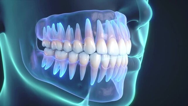 3D Medical Illustration of Human Teeth and Jaw Anatomy in a Holographic Profile View