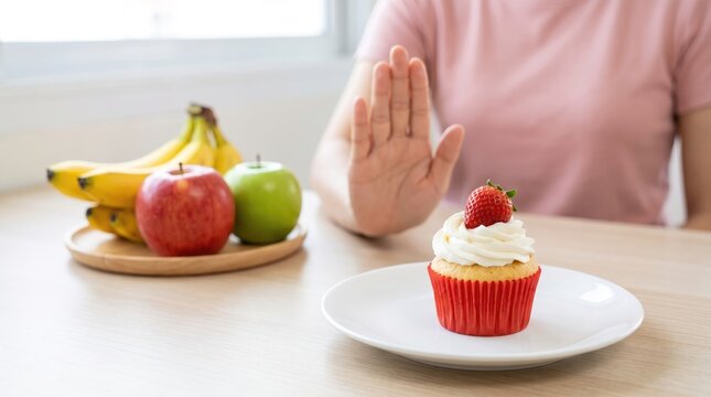 A woman making a stop gesture with her hand to refuse a sweet cupcake, choosing healthy fresh fruit instead, representing diet, nutrition, and healthy choices.