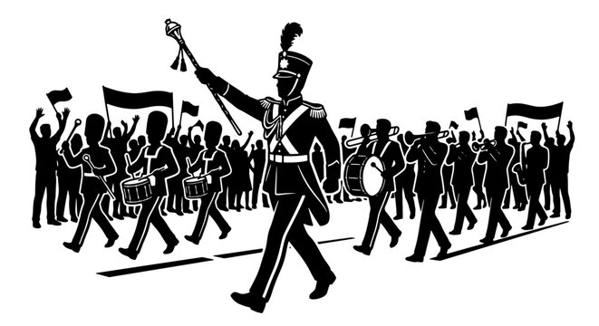 Marching band parade silhouette graphic, drum major leading musicians in parade, black vector festival parade celebration