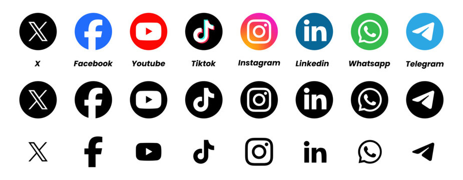 Social media logotype icon set 2026 featuring facebook x twitter instagram youtube tiktok linkedin whatsapp telegram