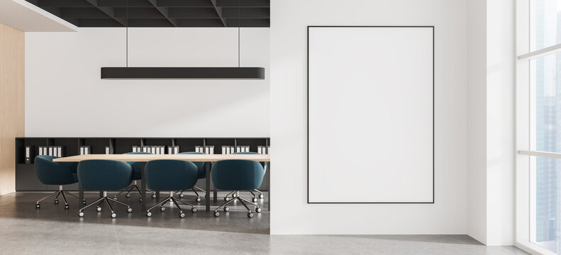 Modern interior wall poster mockup in a refined office meeting room with furniture, lighting, and spacious architectural composition. 3D Rendering