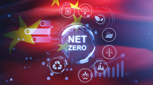 Net zero sustainability concept with digital globe, renewable energy icons, carbon reduction metrics, and clean technology symbols on a vivid background. 3D Rendering
