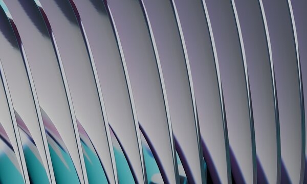 Vertical row of silver 3D blades with teal reflections