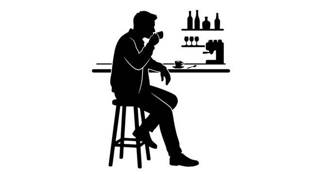 Black silhouette of man drinking coffee at cafe bar counter, male customer sitting on stool in coffee shop, espresso bar vector icon graphic