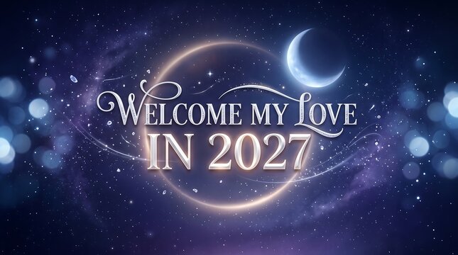 Celestial night sky theme greeting with welcome my love in 2027 text and glowing crescent moon
