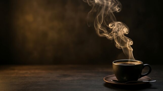 Steaming Hot Cup of Fresh Coffee Served on a Dark Rustic Wooden Table