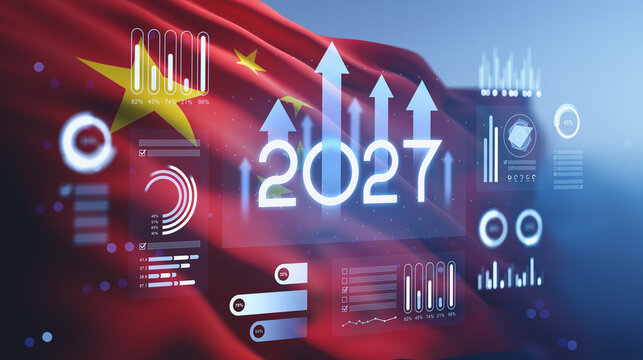 2027 forecast concept with rising arrows, financial analytics and digital dashboard over a red national flag background for future growth. 3D Rendering
