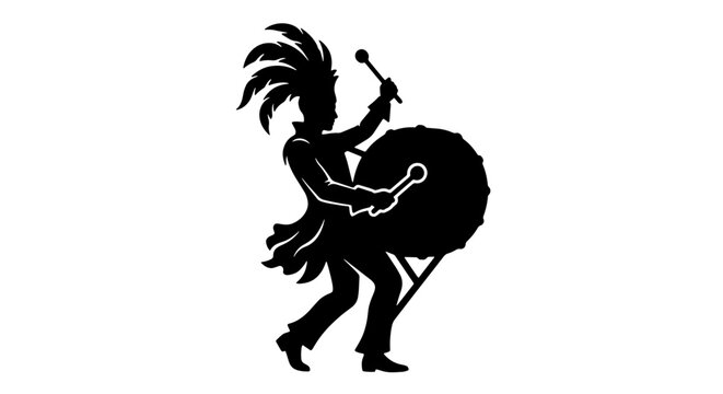 Vintage marching band drummer silhouette vector, black and white carnival musician icon, parade drum major figure graphic