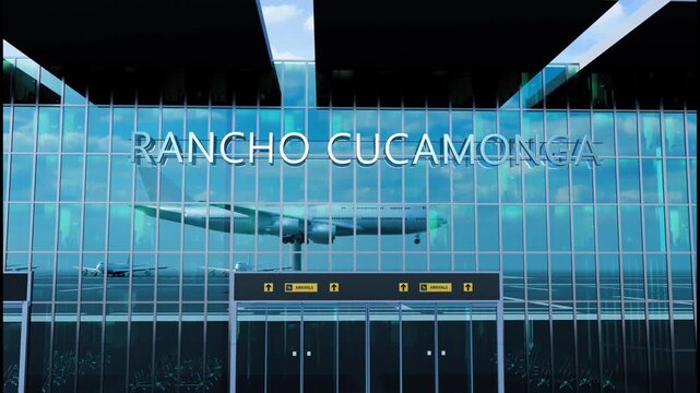 Airlane landing at Rancho Cucamonga, USA. Arrival in city with reflection of airport and aircraft