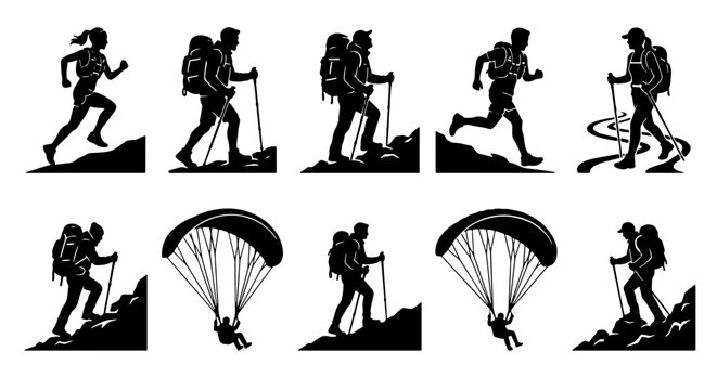 Hiking silhouette vector icon set, black mountain trekking and trail running silhouettes, outdoor adventure sports graphic collection
