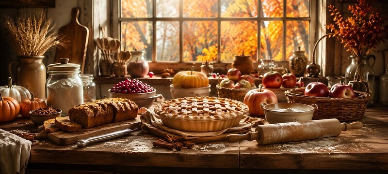 Fresh baked pumpkin pie and bread on a rustic kitchen table in autumn