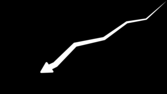 White financial downward trend arrow animation on black background, for market analysis