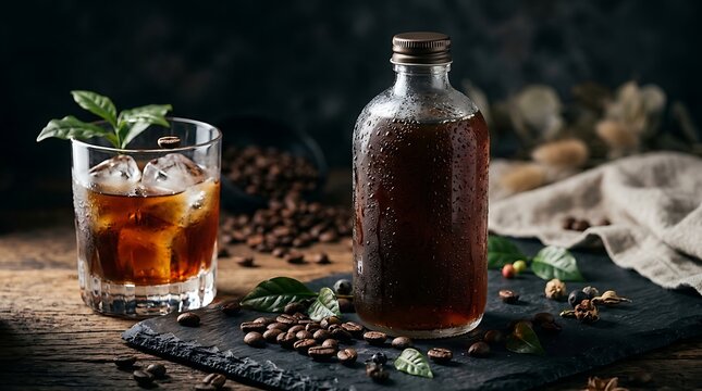 Cold Brew Coffee Refreshment Served in a Glass Bottle and Rocks Glass