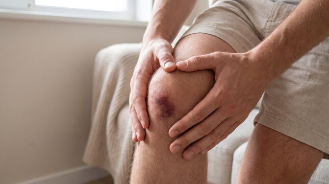 Close up of person hands tending to a bruised knee injury at home, showing skin discoloration and swelling from a recent accident in a bright indoor setting.