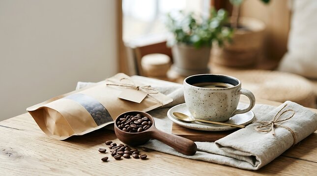 Coffee Gift Arrangement Concept Featuring Fresh Beans and a Hot Cup