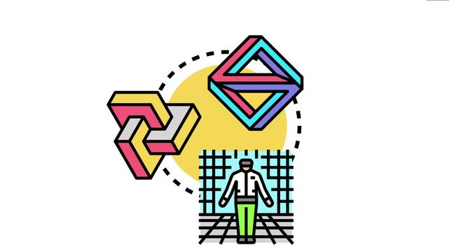 Virtual character wearing a headset experiencing an immersive digital environment, linking abstract impossible shapes and representing advanced future technology for the metaverse economy