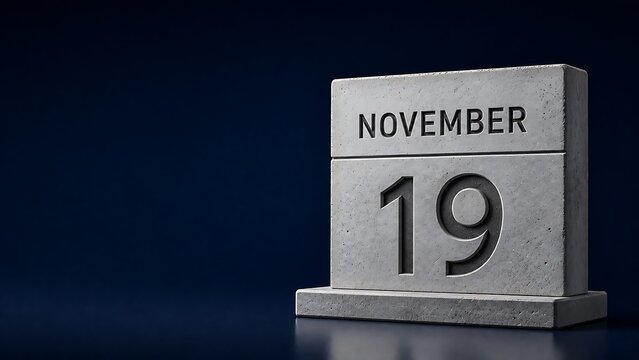 Concrete stone desk calendar showing november 19 date with date reminder concrete material stone texture desktop accessory office stationery time management dark background single date