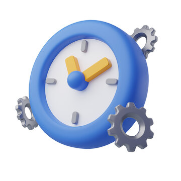 3D featuring a blue clock surrounded by gears.