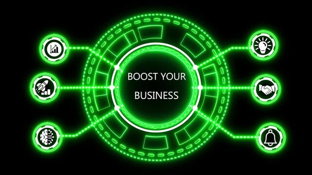 A futuristic infographic presents the word boost your business in the center, enclosed by a glowing blue neon circle. Radiating from the center are dotted lines connecting to six surrounding icons