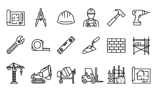Construction building trades architecture contractors tools and equipment thin line icons