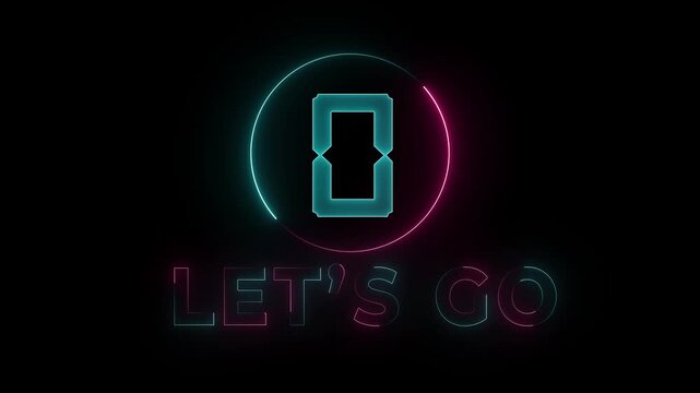  Glowing  neon  5 to 0 second lets go countdown animation, Circle countdown timer 5 sec to 0 sec animation  on black background 4k video.