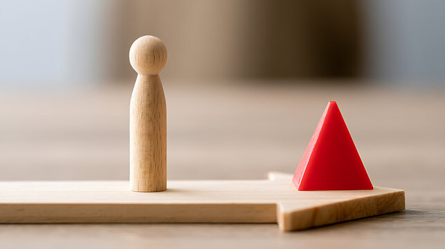 Wooden figure stand on arrow shape block facing red pyramid object on wooden table surface for business strategy concept and corporate vision