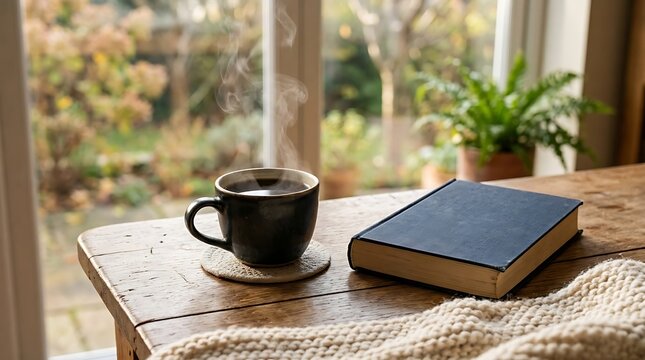 Steaming Coffee Cup and Closed Book on a Rustic Table Near a Window