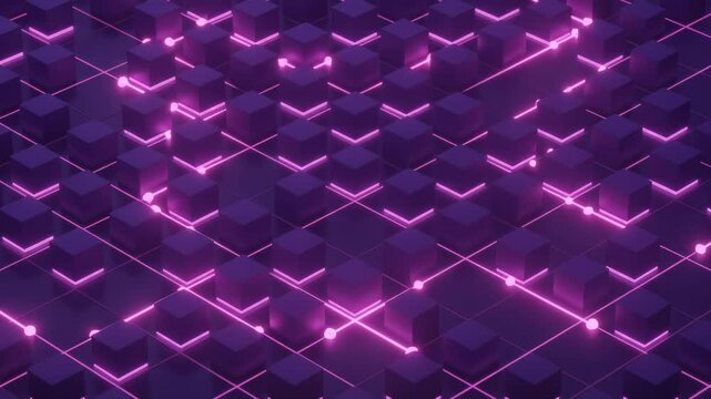 A seamless looping 3D animation from an isometric view showing a giant grid of glowing cubes with pulses of neon pink and dark purple energy traveling along the connecting lines.