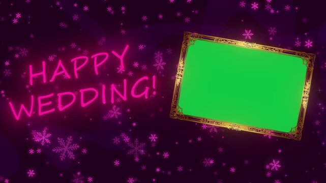 A Festive Digital Greeting Card Featuring A Decorative Golden Picture Frame With A Green Screen Insert Set Against A Dark Purple Background With Glowing Floating Pink Snowflakes And Elegant Animated.