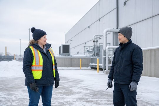 Cold storage ammonia leak evacuation drill check at an outdoor muster point