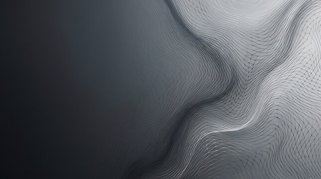 Abstract background with flowing digital waves and particles in dark grey tones.