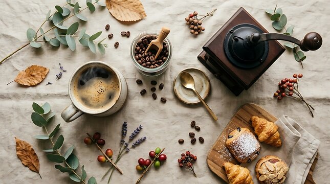 Coffee Celebration Flat Lay Arrangement with Pastries and Fresh Beans