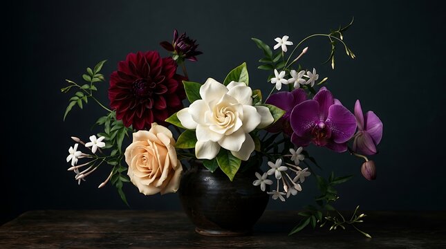 A beautiful elegant bouquet of mixed flowers including gardenias dahlias roses and orchids in a dark ceramic vase
