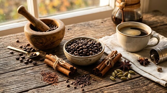 Preparation of Freshly Roasted Coffee Beans and Aromatic Spices on Wood Surface