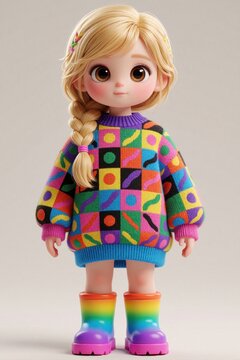 Cute blonde girl character in colorful geometric sweater, rainbow boots. Stylized 3D girl with braid stands against plain background. Trendy doll like child avatar wearing vibrant patterned clothing.