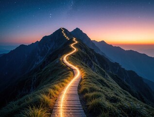 Fototapeta premium Glowing light path winds up steep mountain ridge towards starry night sky at dawn. Magic golden trail illuminates wooden walkway through wild grassy hills. Surreal landscape shows mystical trekking