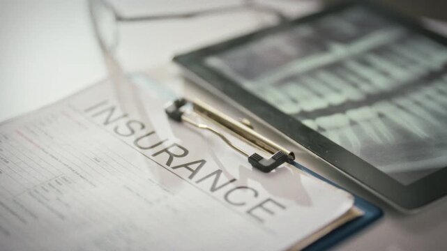 Lying on a table in a dentist's office, an insurance policy form outlines medical insurance coverage for dental treatment, guiding patients and staff through benefits, costs, and care options