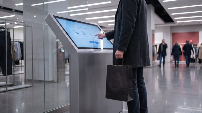 A shopper using a self service information kiosk in a large shopping mall to find store locations and sales promotions while holding a black shopping bag.