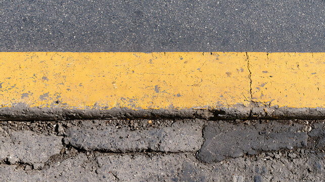 A close up view of an asphalt road surface with a bold yellow painted line separating the dark grey pavement and a textured stone curb