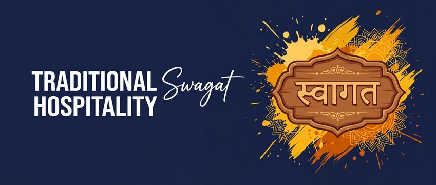 Swagat Indian welcome sign banner with traditional Hindi typography for hospitality background template, vibrant orange paint splash and mandala ornament art on dark navy copy space layout.