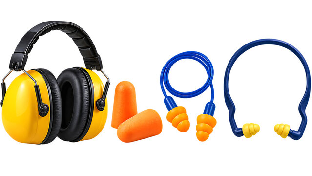 Hearing protection equipment set with earmuffs and reusable earplugs isolated
