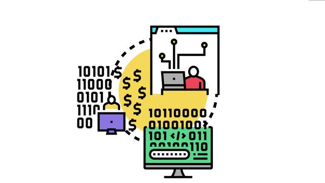 Developers are coding a new programming language, showing the process of creating innovative software, debugging, and potentially monetizing the digital product for business revenue