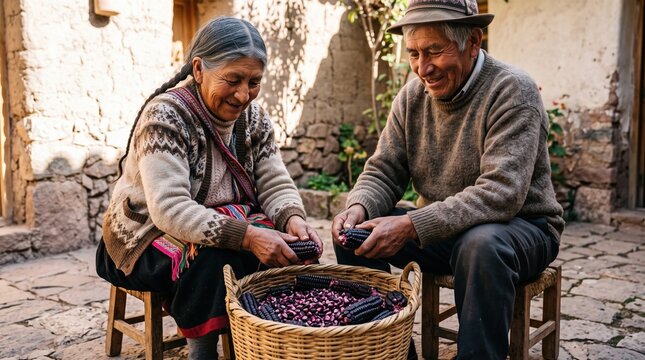 Older adults share authentic moments of purposeful living. Two Andean seniors sit side by side in a courtyard manually shelling freshly harvested purple corn ears.