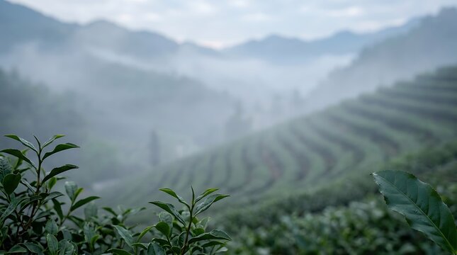 Scenic landscape of rolling green tea plantation hills covered in early morning fog