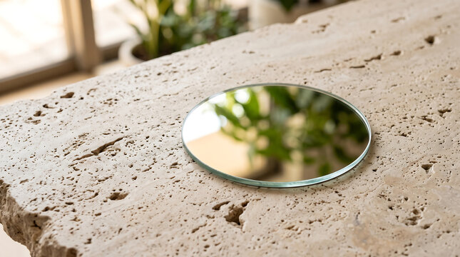 Round mirror on textured limestone surface with plant reflection