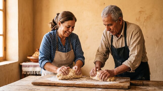Older adults share authentic moments of purposeful living. A senior couple stands at a wooden table joyfully kneading fresh dough.