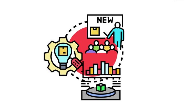 New product development concept featuring a team learning, an innovative idea being engineered, market analysis, and a new item being launched